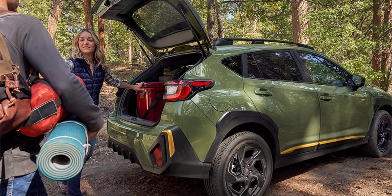 Crosstrek rear cargo area with outdoor gear.