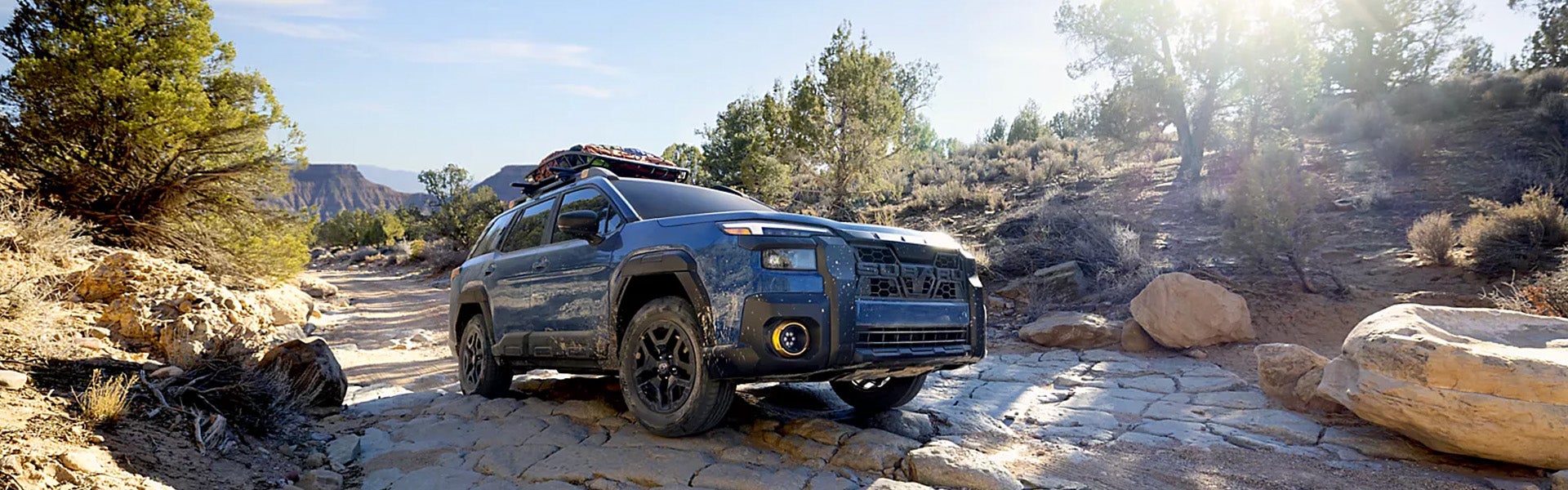 Blue Subaru Outback Wilderness driving over a rocky desert trail with a loaded roof rack.