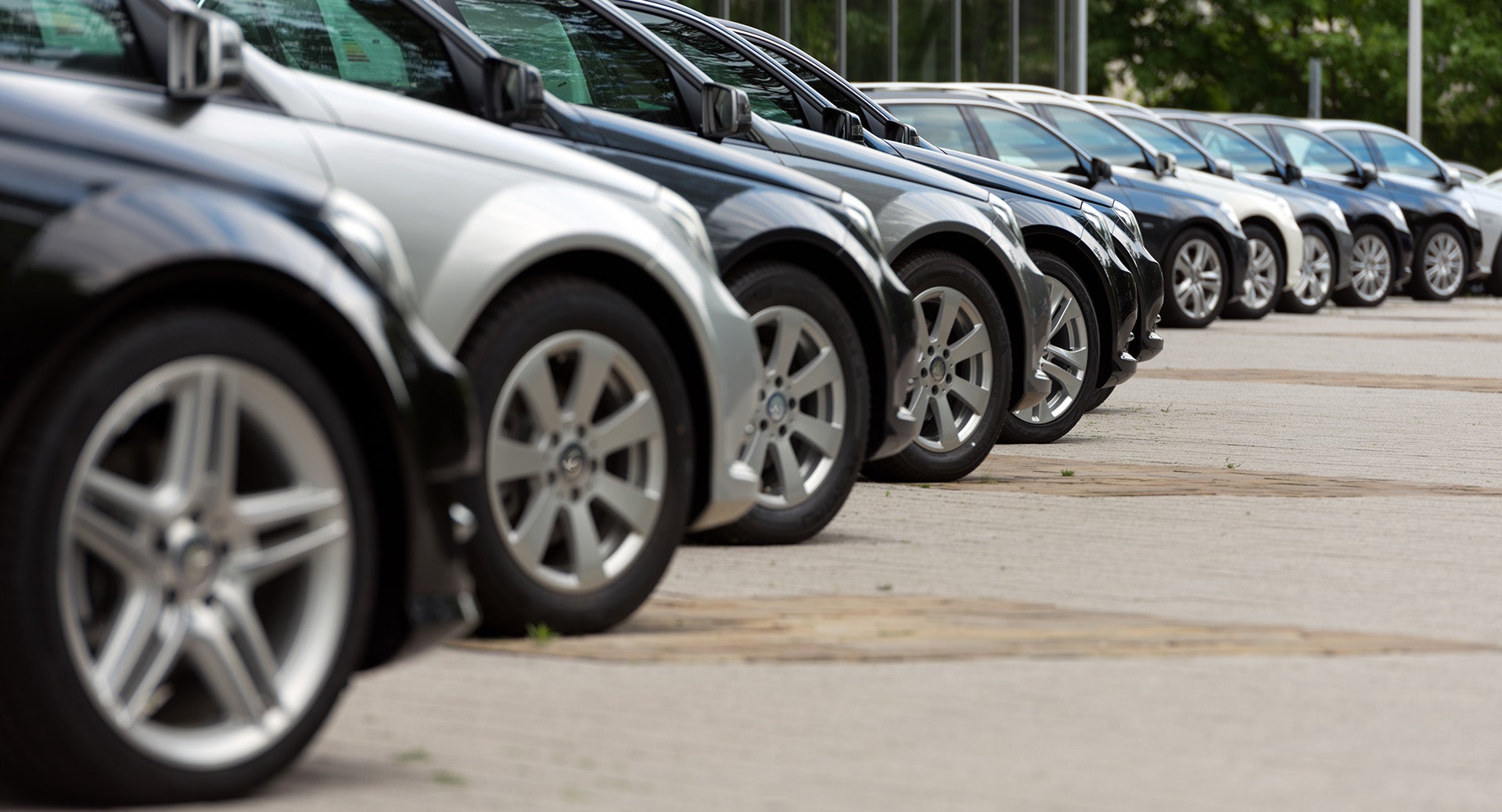A long line of parked vehicles lined up in a dealership or rental lot.